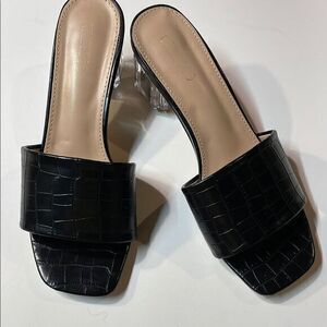Camssoo Black Croc Embossed Mule Sandals Clear Block Heel Size 7.5